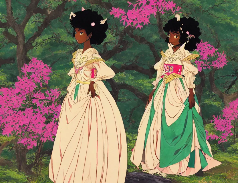 Prompt: black - skinned princess of the azalea mountains, wearing a lovely dress. this gouache painting by the award - winning mangaka has an interesting color scheme, plenty of details and impeccable lighting.