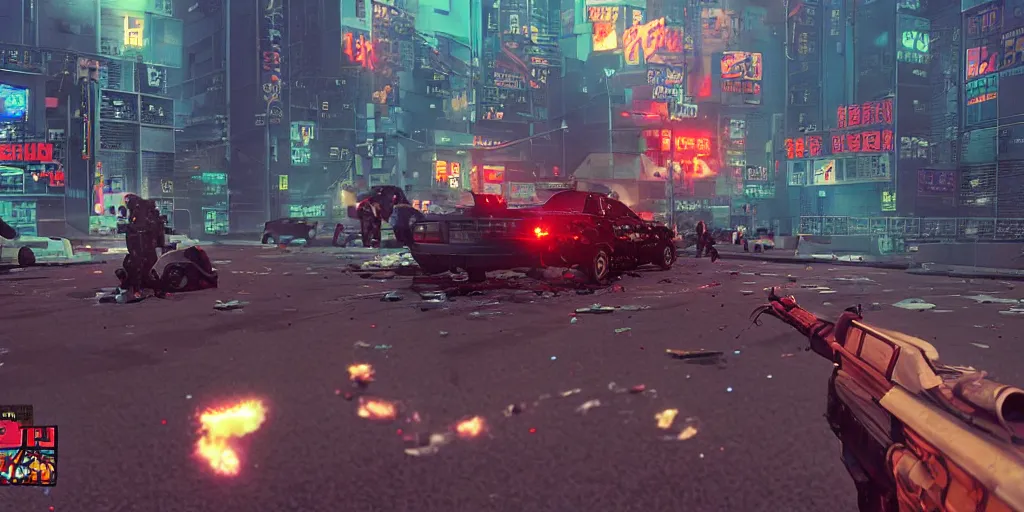 Image similar to 1991 Video Game Screenshot, Anime Neo-tokyo Cyborg bank robbers vs police, bags of money, Helipad, Multiplayer set-piece, Rooftop, Police officer hit, Bullet Holes and Blood Splatter, Hostages, Smoke Grenade, Sniper Fire, Chaotic, Cyberpunk, Money, Anime Bullet VFX, Machine Gun Fire, Violent, Action, FLCL, Shootout, Highly Detailed, 8k :4 by Katsuhiro Otomo + Studio Gainax + Arc System Works : 8