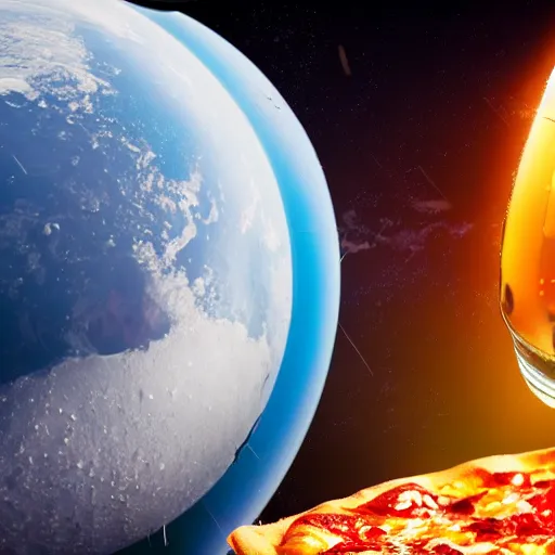 Prompt: astronaut floating in space, reflections, moon, earth, flare, beer spilling out of glass, bottles filled with pizza