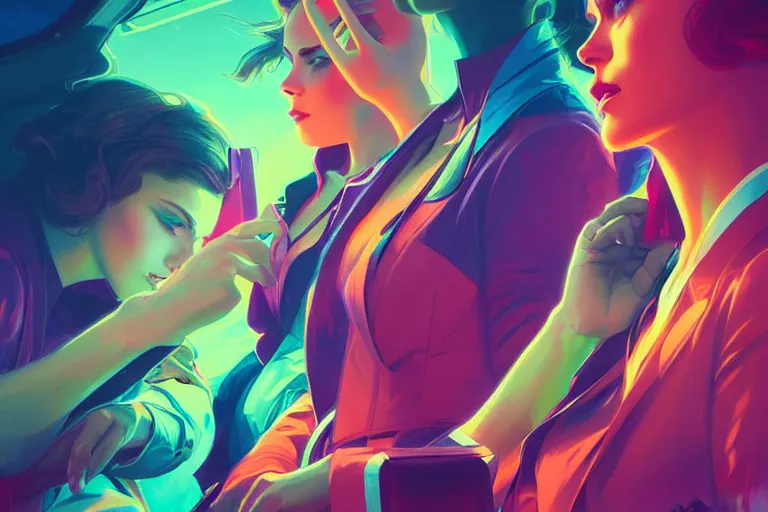 Prompt: Exhausted good looking young women wearing neon colored suits in a airplane, elegant, intricate, retrofuturistic digital painting, artstation, concept art, smooth, sharp focus, illustration, art by artgerm and greg rutkowski and alphonse mucha