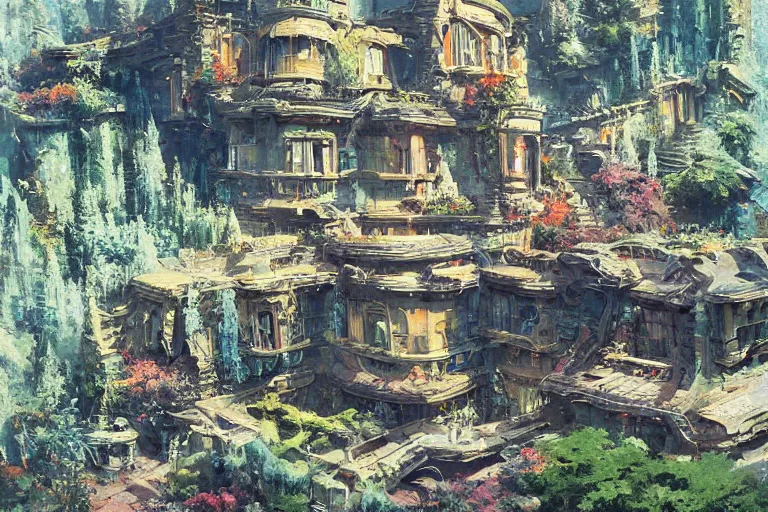 Prompt: enormous futuristic house on steep hill, garden, scifi ornate beautiful statues, rocks, trees, flowers, spacecraft, city in valley, jagged mountains, space, milky way, stars, moon, planets, john berkey, syd mead, craig mullins