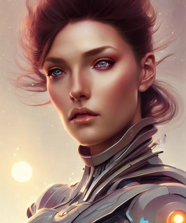 Image similar to futuristic woman portrait, sci-fi, amber eyes, face, long hair, fantasy, intricate, elegant, highly detailed, digital painting, artstation, concept art, smooth, sharp focus, illustration, art by artgerm and greg rutkowski and alphonse mucha