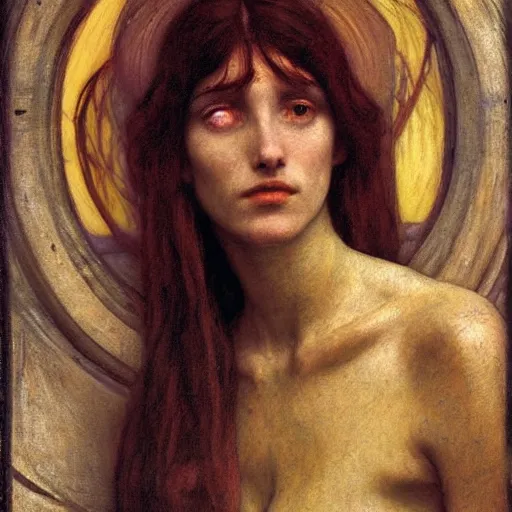 Image similar to portrait of hostile alien visitor, pre-raphaelite painting by john william waterhouse