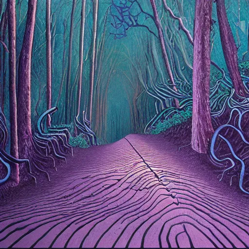 Image similar to oil painting of a dark purple steep and zig - zag path. a violet evil fantasy giger style castle over a high dark blue hill at night. orange to pink gradient sky and thunderstorm background. forest underneath. glowing wagon on the path