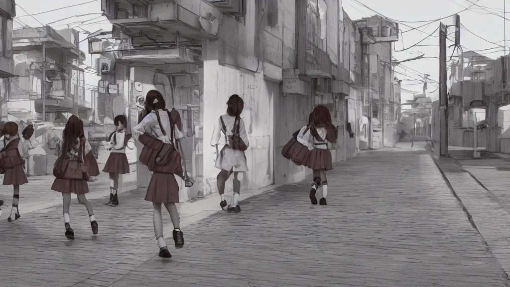 Prompt: cute schoolgirl walk in ghetto, in style of katsuya terada, hyper realism, octane render, 8 k, hyper detailed.