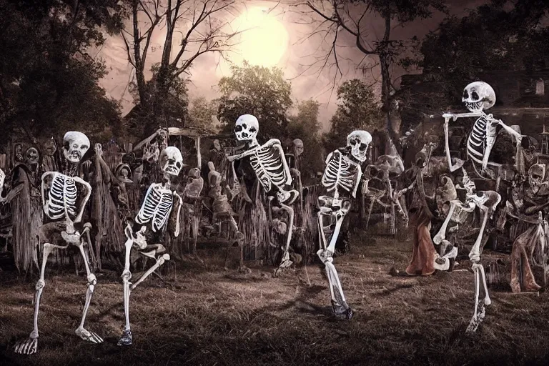 Prompt: photo of skeletons and corpses dancing in village, dark night, highly detailed digital art, dia de muertos, photorealistic