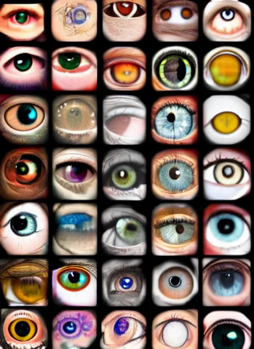 Image similar to diverse eyes!, dot pupils, round pupil, happy human eyes, round iris, advanced art, art styles mix, from wikipedia, grid of styles, various eye shapes