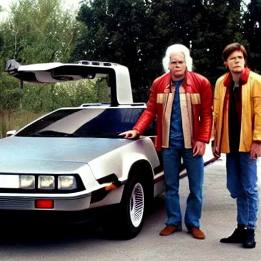 Image similar to Doc and Marty McFly standing in front of their delorian car, in the style of Futurama