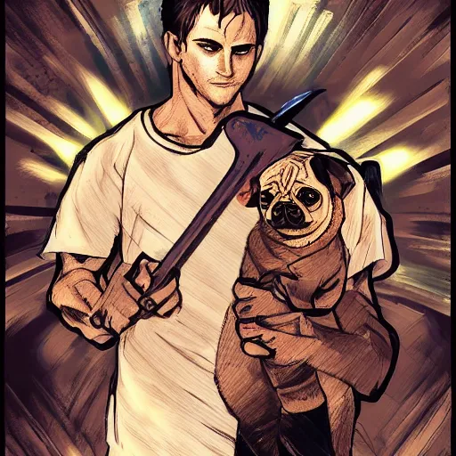 Image similar to self portrait, young white hispanic handsome man with short light brown hair and light skin and a 5 o clock shadow and holding a pug while fighting against 2 swordsmen pencil art, fraction background, psychedelic, added detail, high definiton, colored, backfacing, illustrated by yoji shinkawa