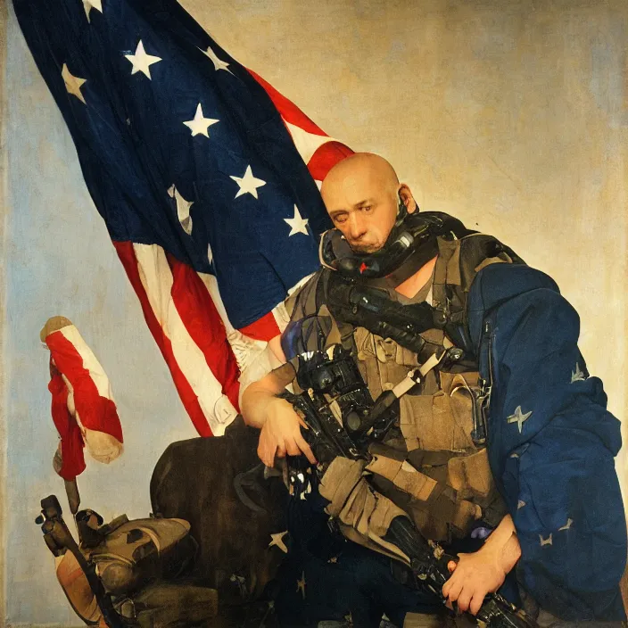 Image similar to us navy seal on aircraft carrier, fine art portrait painting, kodak portra, 8 k, soft light, clean lines, fashion photography, albrecht durer, caravaggio, diego velazquez, johannes vermeer