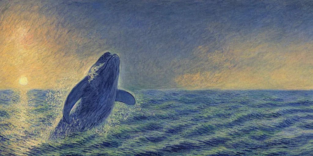 Prompt: An aesthetically pleasing, dynamic, energetic, lively, well-designed digital art of a whale, ripples, waves, sea foam, light and shadow, ocean caustics, by Claude Monet, traditional Japanese colors, superior quality, masterpiece, excellent use of negative space.