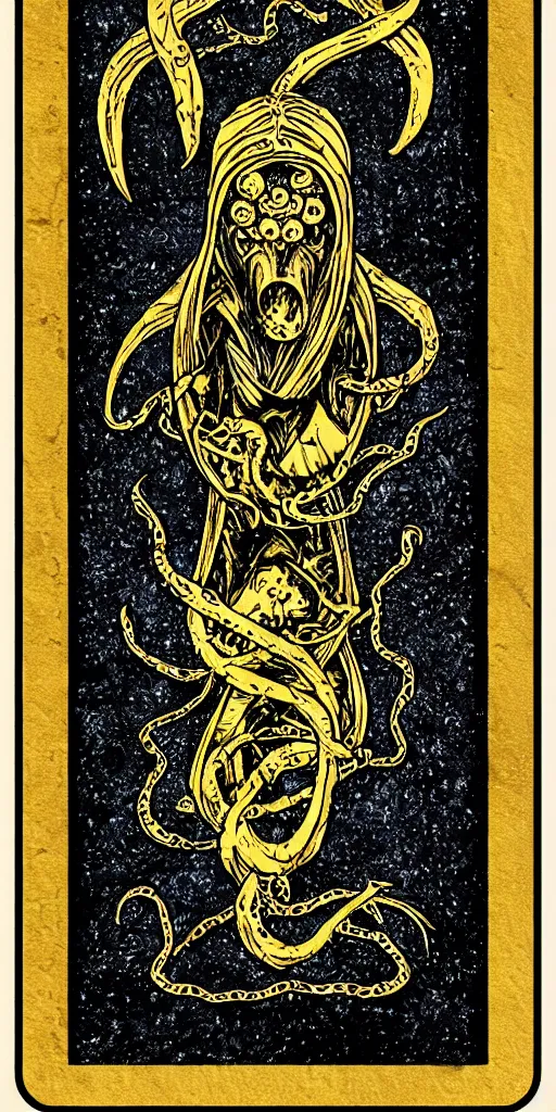 Prompt: tarot card, illithid, black background, gold border, metal