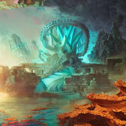 Image similar to beautiful interesting detailed matte digital Magic The Gathering illustration by Marc Simonetti of an underwater garden with a statue of Poseidon and a statue of Aphrodite, teal turqoise aqua and green color palette, seaweed bioluminescence fish coral treasure and ancient ruins, trending on artstation hq