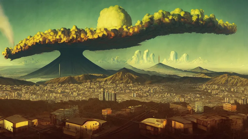 Image similar to Nuclear Fallout towering over the town of Quito by Simon Stålenhag and J.M.W. Turner, oil on canvas; Art Direction by Adam Adamowicz; 4K, 8K epic drone shots; Ultra-Realistic Depth Shading