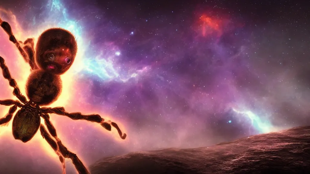 Image similar to human child spider hybrid on a planet. close bottom view. whole body. nebula background. cinematic composition. cinematic lightning. ultra realistic. 8 k. highly detailled. deep space. ultra realistic details. cinematic atmosphere. studio lighting. shadows. dark background.