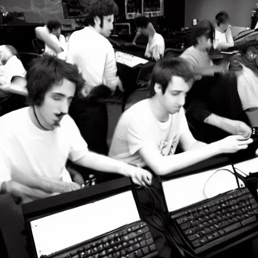 Prompt: “ al pacino clones play games at a lan party, 2 0 0 8 phone picture. ”