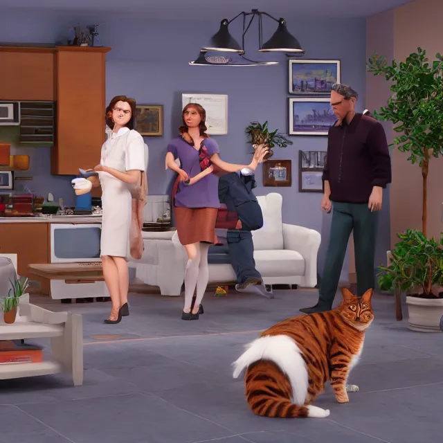 Prompt: american sitcom seinfeld but with cats, volumetric, realistic, cinematic lighting, ray tracing, unreal engine 5, unreal engine render, octane render, hyper realistic, photo, 8 k