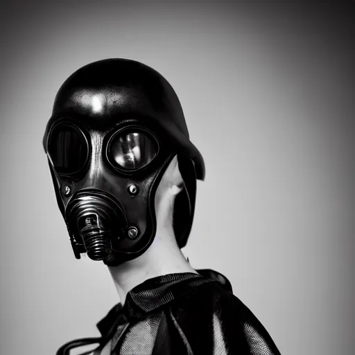 Image similar to fashion photography of an extraterrestrial model, wearing a black gas mask, wearing demobaza fashion, inside berghain, berlin fashion, harness, futuristic fashion, dark minimal outfit, photo 3 5 mm leica, hyperdetail, berghain, 8 k, very detailed, photo by nick knight