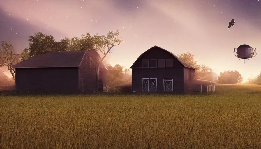 Image similar to a ufo floats over a barn with a broken roof, debris is ascending toward the ufo, volumetric lighting, night, photorealistic rendering, color palette, 8 k, hyperdetailed