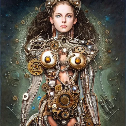 Image similar to A ful body photo of a steampunk beautiful goddess, she half human and half robot, she is embellished with gears wheels and gemstones, by William Holman Hunt, Greg Rutkowski, Stanely Artgerm, Tooth Wu, Peter Gric, Aaron Horkey, trending on Artstation, digital art, mythological, symmetrical artwork, cinematic lighting, hyper realism, high detail, octane render, ultra realistic, golden ratio, 4k, 8k
