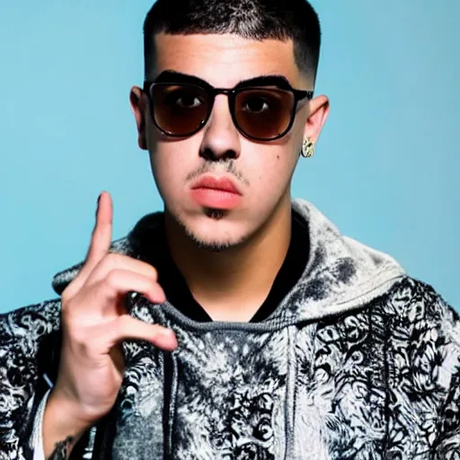 Image similar to a photo of Benito Antonio Martínez Ocasio, artistically known as Bad Bunny, is a Puerto Rican rapper, singer, songwriter and actor. His style of music is generally defined as Latin trap and reggaeton, but he has also performed other genres such as rock, kizomba, and soul