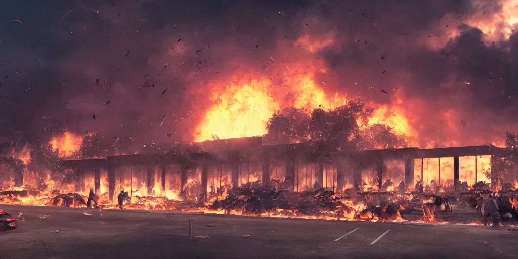 Prompt: realistic cinematic views of a refuge riot with fires in the background and dead animals falling from the sky in front of the UN building, hyper detailed, hyper realistic, digital painting, 8k, 35mm film grain, octane render