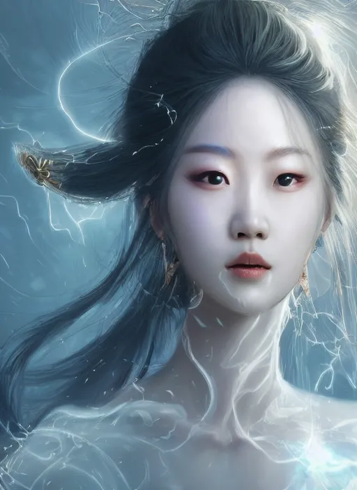 Image similar to close-up of character concept portrait of Korean Goddess from Kpop idol conjuring a violent void multiversal musical note, a floating iridescent lightning and thunder music from God of War in the center, intricate, elegant, digital painting, concept art, smooth, sharp focus, illustration, by WLOP and Ruan Jia and Mandy Jurgens and William-Adolphe Bouguereau, Artgerm