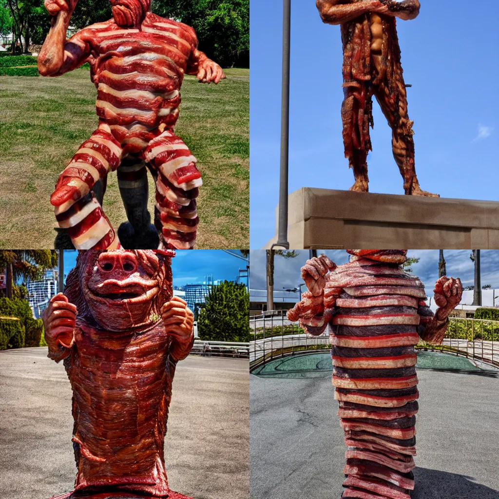 Prompt: statue of ron perlman made of bacon, photo, medium shot, high quality, 4 k,