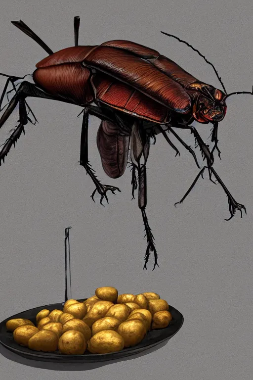 Prompt: mutant roach sits on a throne of potatoes, matte paintig, highly detailed digital painting, half human half insect, unreal engine