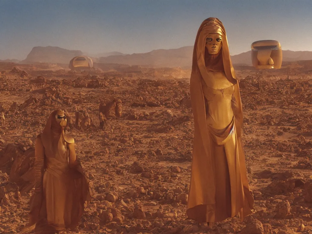 Prompt: glowing bene gesserit in full - face golden mask in a dry rocky desert landscape with abandoned city beneath the sand and giant alien spaceship in the sky by christopher doyle and alejandro jodorowsky, anamorphic lens, kodakchrome, cinematic composition, very detailed photo, 8 k,