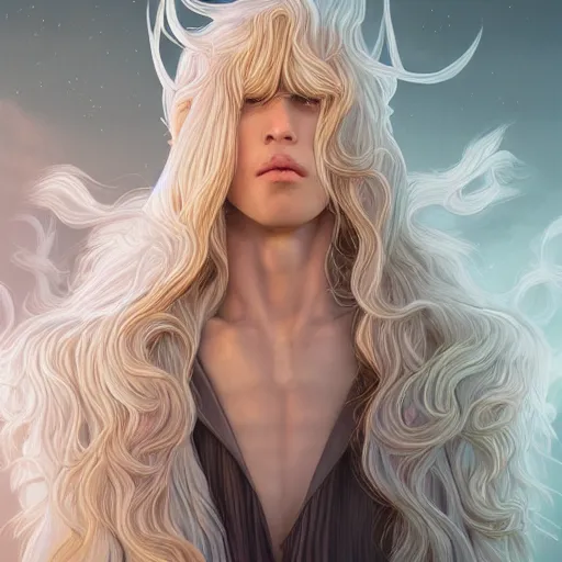 Image similar to Portrait of an androgynous blond prince in a beautiful world, pale milky white skin and long fluffy curly blond hair, intricate, elegant, fantasy, highly detailed, digital painting, concept art, Junji Ito, sharp focus, illustration, beautiful volumetric lighting, epic light, artstation, magic hour lighting, colorful, sunshine, springtime, art by Sylvain Sarrailh