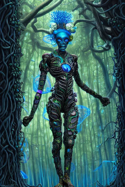 Image similar to hyperrealistic lowbrow super expressive! black woman with exoskeleton armor, merging with tree in a forest, highly detailed digital art masterpiece smooth cam de leon hannah yata dramatic pearlescent blue teal light ground angle hd 8 k sharp focus