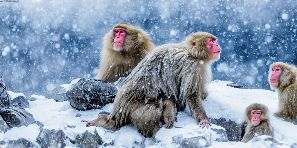 Prompt: scenic mountain setting, a family of snow monkeys gather at the natural spa to get warm, highly detailed, snow flurry, cold, steamy, desaturated blue, inquisitive, striking, contemplative, happy, content, warm, by Antoine Blanchard