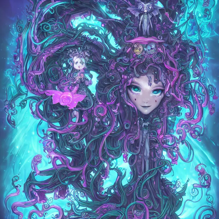 Image similar to A dark fairy from the Abyss. Lit from above. Thick Atmosphere. Sailor Moon. Tentacles. Cute. Kawaii. Chibi. Neon Accents. Bioluminescence. By Lisa Frank and HR Giger. Key Art. Fantasy Illustration. award winning, Artstation, intricate details, realistic, Hyperdetailed, 8k resolution.