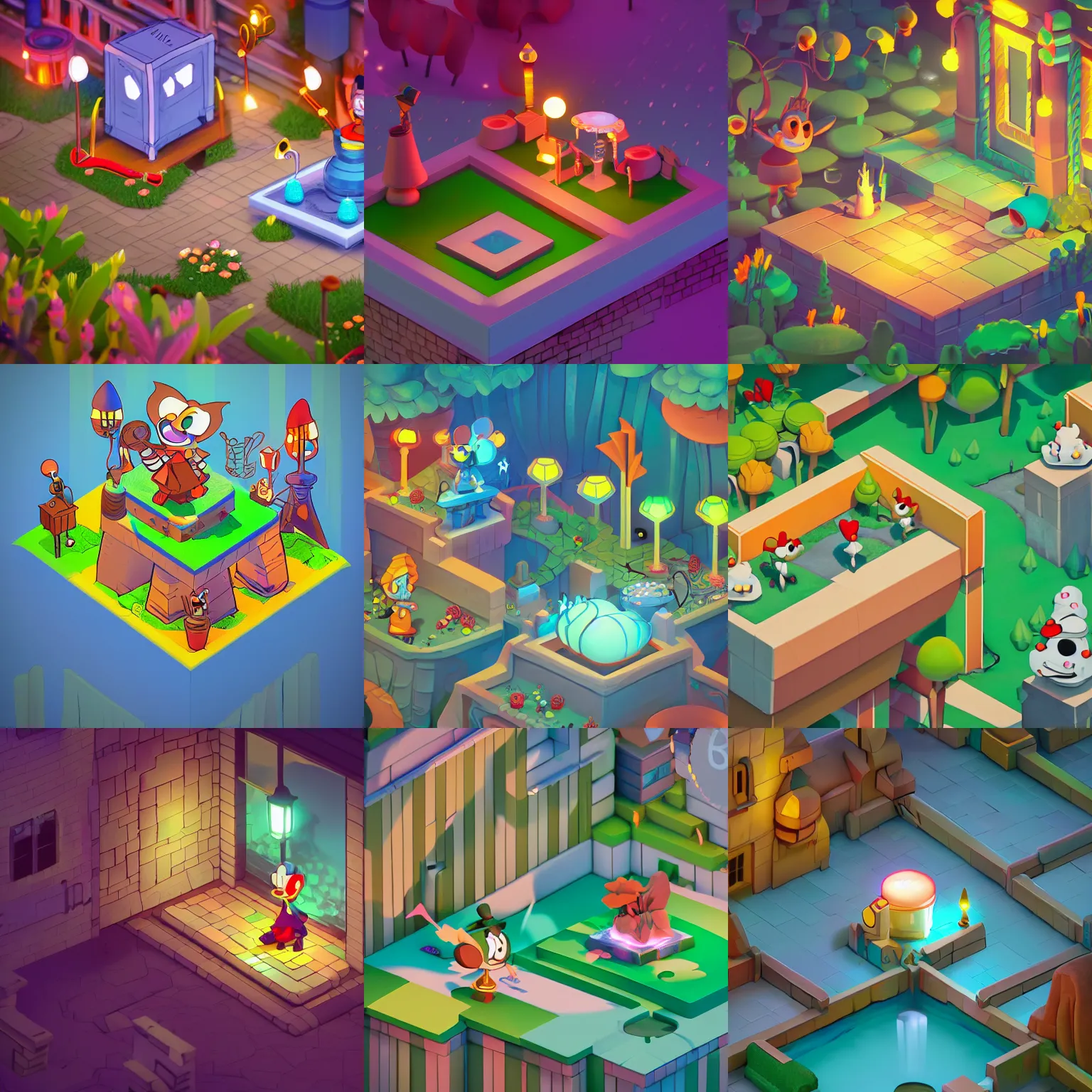Prompt: isometric game art adventure game outdoor cuphead disney art style, lights with bloom, trending on artstation, Mohamed Chahin style, vray render with ambient lights and volume 4k