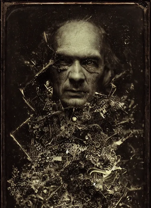 Prompt: old wetplate daguerreotype portrait of a mad man, explosion of data fragments, fractal, intricate, elegant, highly detailed, parallax, leica, medium format, subsurface scattering, by jheronimus bosch and greg rutkowski and louis jacques mande daguerre