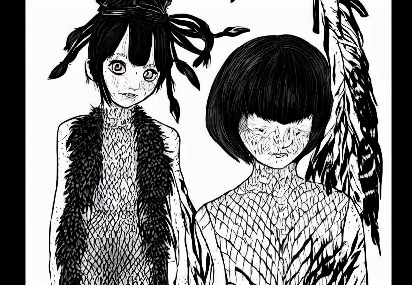 Image similar to beautiful little girl with a short black haircut wearing a dress made of black feathers, artwork in junji ito art style, anatomically perfect