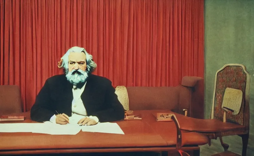 Prompt: 60s movie still of a stalinist style sovietic parlement with a giant portrait of Karl Marx, by Irving Penn , cinestill 800t 35mm eastmancolor, heavy grainy picture, very detailed, high quality, 4k, HD criterion, precise texture, panoramic, cinematic