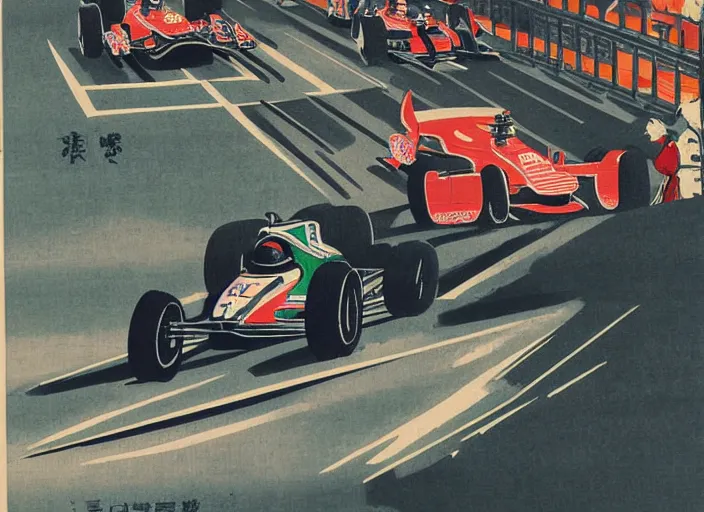 Image similar to ukiyo - e painting of formula 1 cars at circuit de spa - francorchamps