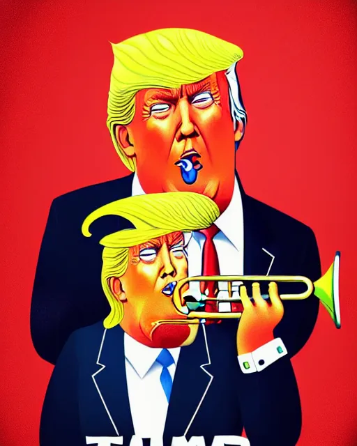 Image similar to portrait photograph of trump with trumpet hair warm lighting, trump has hair as a trumpet, trumps hair is coming out as trumpet. movie poster, illustration by bartek fedyczak, erak note, tooth wu, neil richards, kan liu, siwoo kim, jisu choe, trending on art station