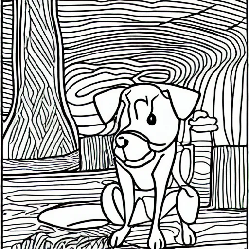 Image similar to Dog at the park, coloring book outline, line drawing