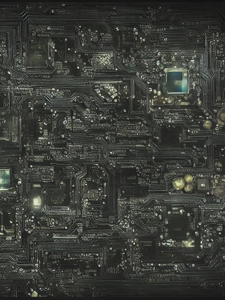 Image similar to big technology, intricate circuit board, cpu, bios chip, led, lcd display, integrated circuits, cmos, capacitors, intricate concept art matte painting, cyberspace, nature grotesque dark