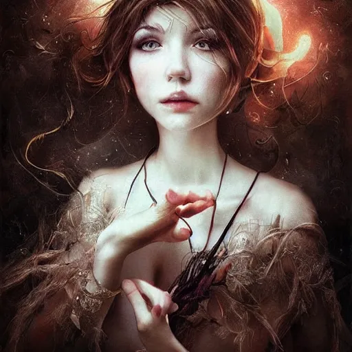 Image similar to Portrait of a young gorgeous witch making magic with her hands, eeries, mystical, intricate, by Wlop, high details