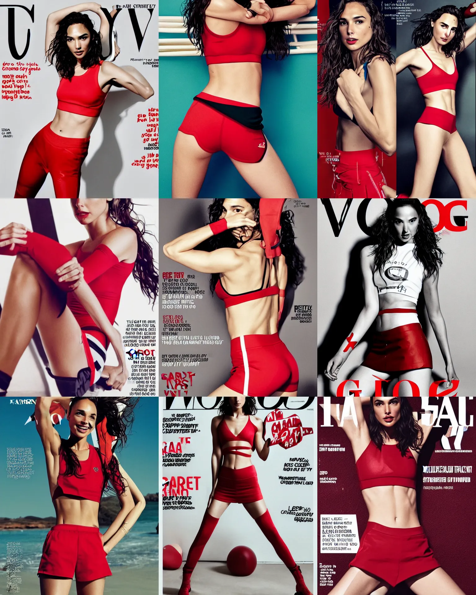 Prompt: gal gadot wearing crop red gym top with white lettering, cropped red yoga short, V magazine editorial by Mario Testino, masterwork