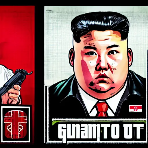 Prompt: illustration gta 5 artwork of kim - jong un, in the style of gta cover art, by stephen bliss