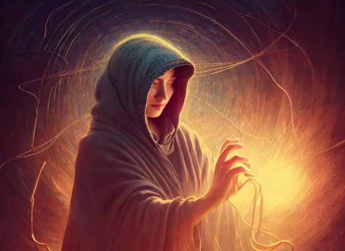 Image similar to old hooded woman weaving the strings of the multiverse, epic scene, dramatic, multiverse, highly detailed, high quality, 8 k, 4 k, octane render, digital painting, alena aenami, lilia alvarado, shinji aramaki, karol bak, alphonse mucha, tom bagshaw