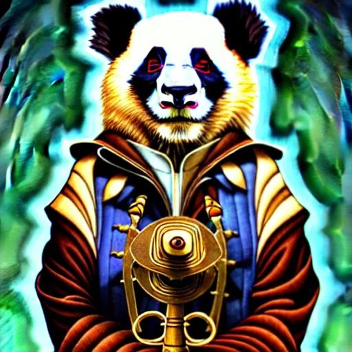 Image similar to don bluth, loish, artgerm, joshua middleton, steampunk, clockpunk anthropomorphic panda, full sailor suit, symmetrical eyes symmetrical face, colorful animation forest background