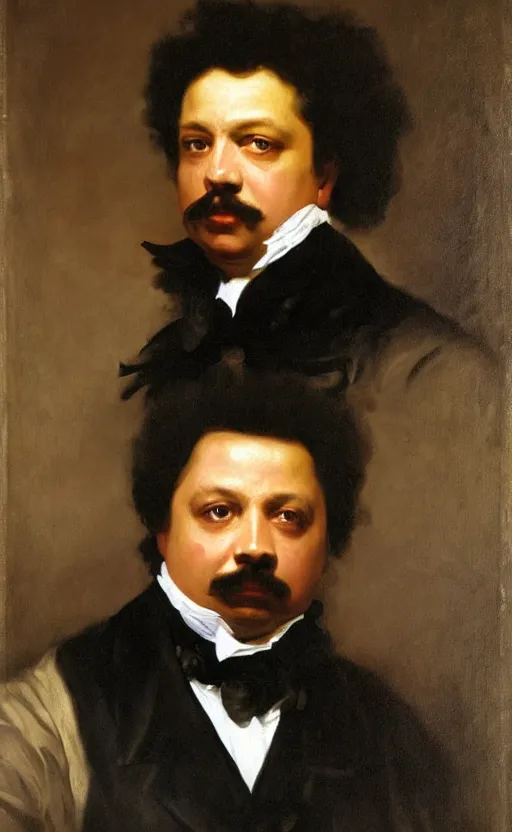 Image similar to Portrait of Alexandre Dumas, oil on canvas, highly detailed, high contrast, by Franz Xaver Winterhalter, Henry Ossawa Tanner, Anthony van Dyck, 8k