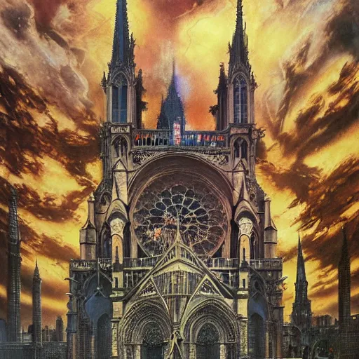 Prompt: realistic detailed image of Notre-Dame de Paris by Ayami Kojima, Amano, Karol Bak, Greg Hildebrandt, and Mark Brooks, Neo-Gothic, gothic, rich deep colors. Beksinski painting, part by Adrian Ghenie and Gerhard Richter. art by Takato Yamamoto. masterpiece