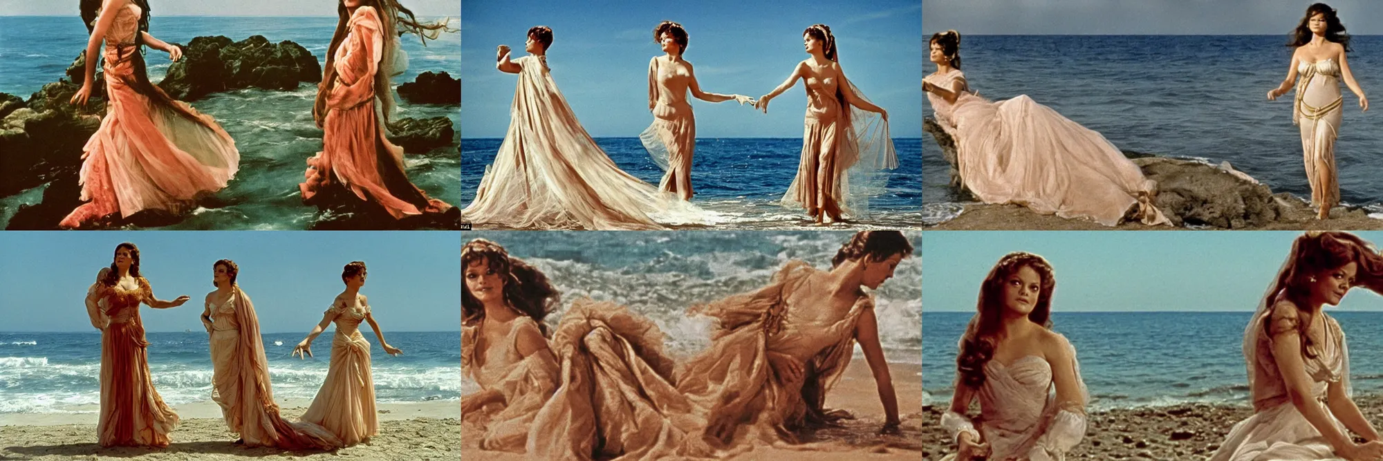 Prompt: Still a movie by Luchino Visconti showing Claudia Cardinale walking in front of the sea in the style of the Birth of Venus. Technicolor, cinematic, intricate